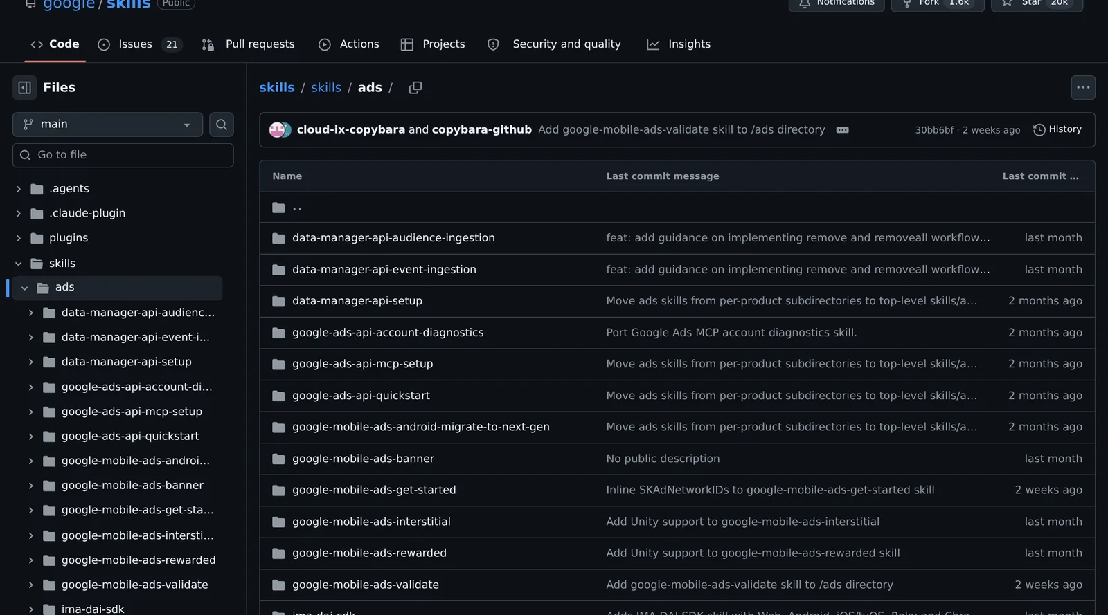 A pasta skills/ads: Data Manager, diagnóstico de conta, setup do MCP, quickstart e os SDKs de anúncio em app e vídeo.
