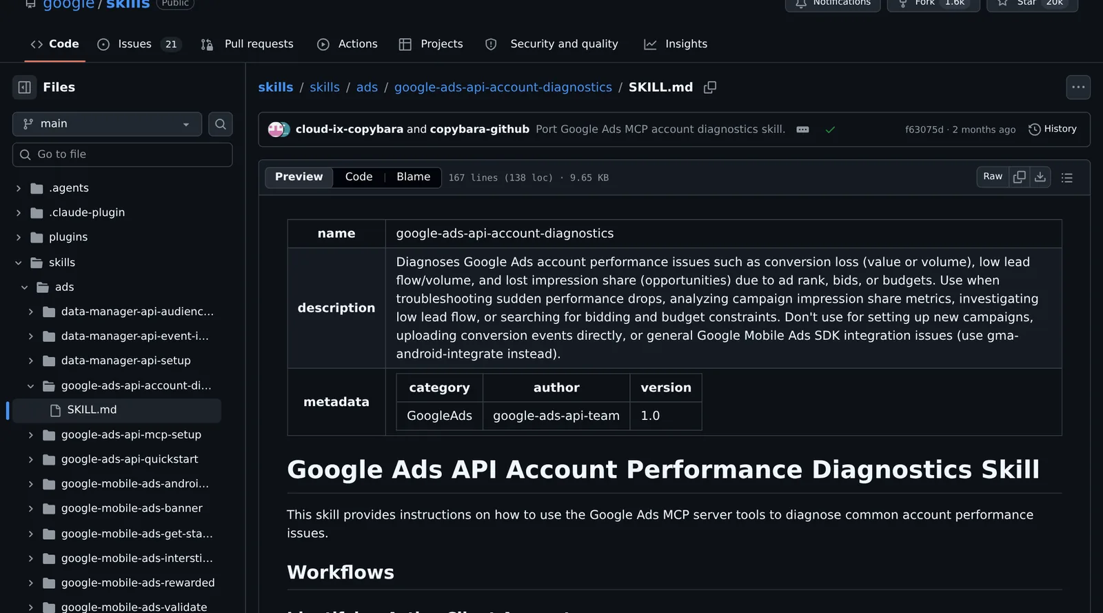A skill google-ads-api-account-diagnostics: a descrição diz ao agente quando usar e quando não usar.