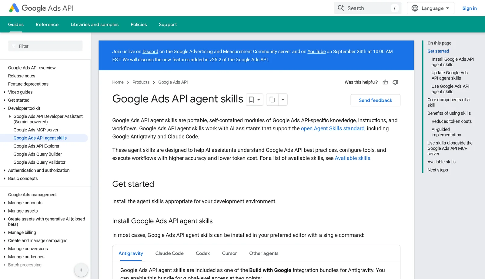 A documentação oficial do Google Ads API lista Claude Code entre os agentes suportados, ao lado de Antigravity, Codex e Cursor.
