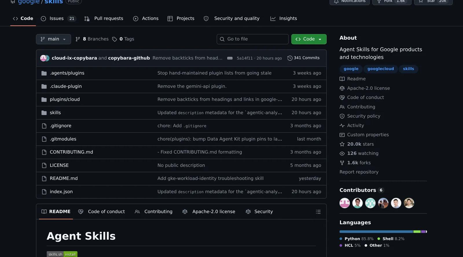 O repositório google/skills no GitHub: licença Apache 2.0, 20 mil estrelas, 1,6 mil forks.